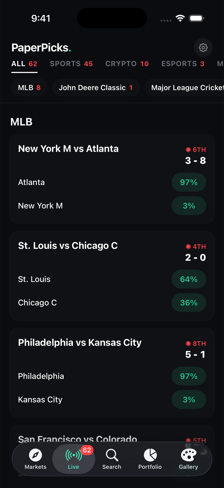 The PaperPicks Live tab listing in-game MLB markets with live win percentages