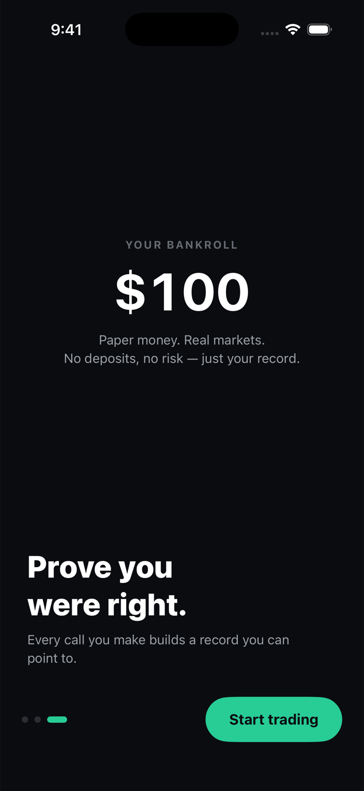 PaperPicks onboarding screen showing the starting $100 paper bankroll