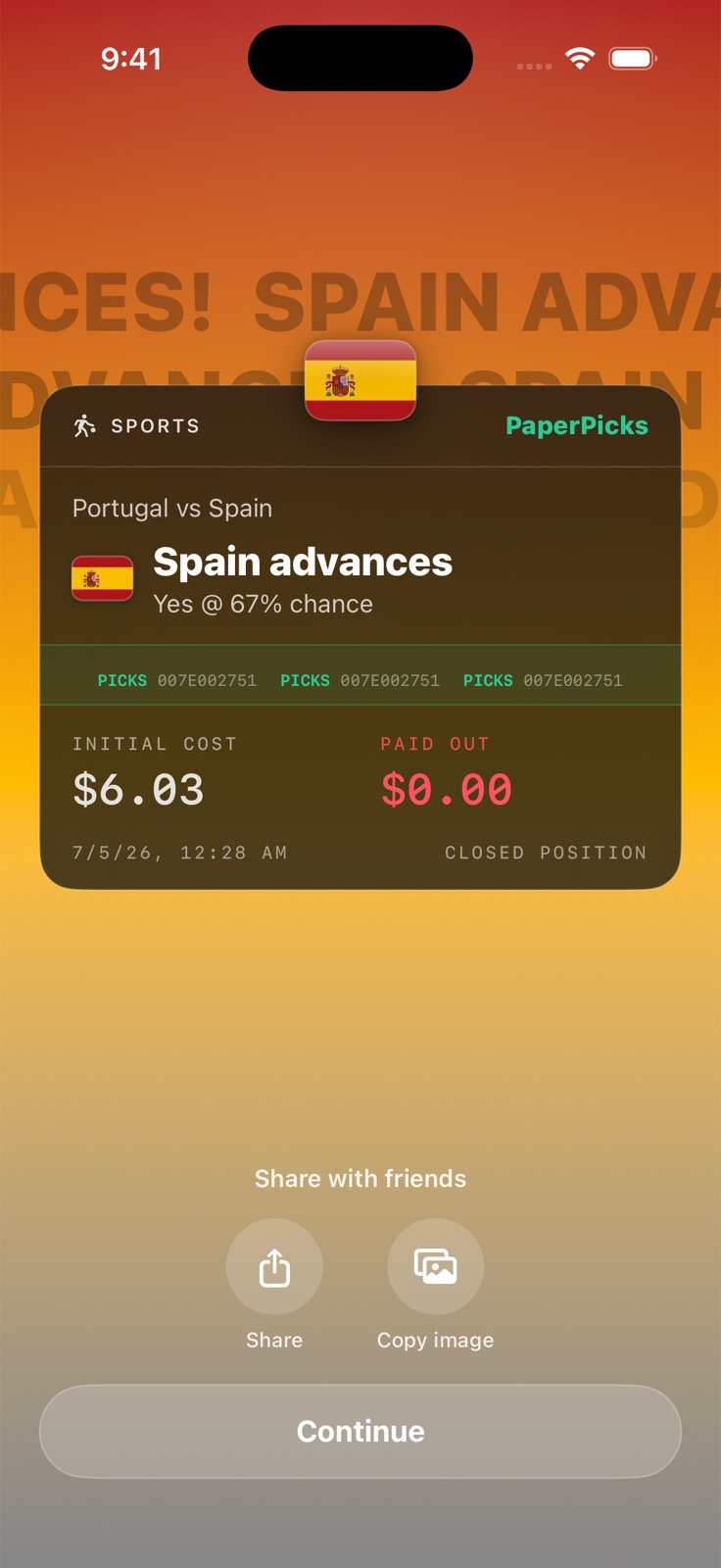 A settled PaperPicks receipt showing a losing position on a Spain advances market that paid out zero dollars
