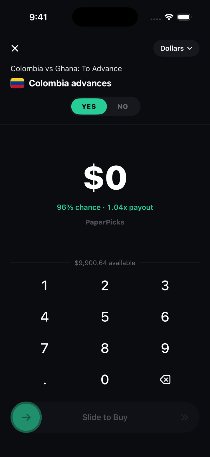 PaperPicks trade ticket showing a contract at a 96% chance with a 1.04x payout and a slide to buy control