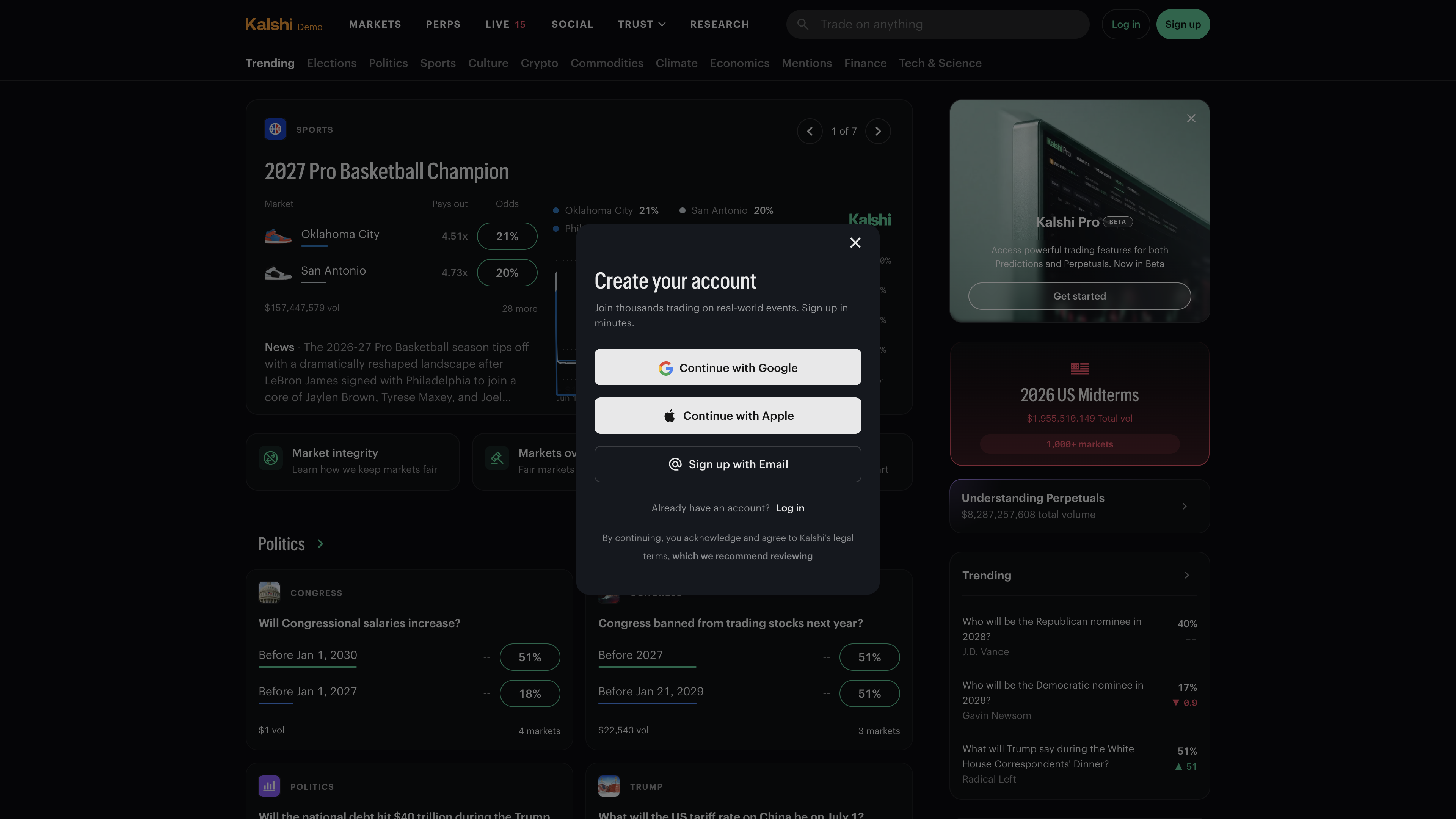 Kalshi's demo homepage at demo.kalshi.co showing the signup modal and simulated market volumes